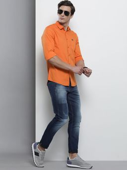 The Indian Garage Co - Men Slim Fit Solid Full Sleeves Spread Collar Casual Shirt - Orange