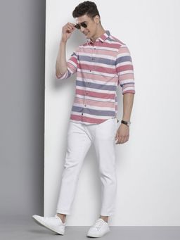 The Indian Garage Co - Men Slim Fit Striped Full Sleeves Cutaway Collar Casual Shirt - Pink