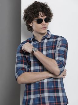 The Indian Garage Co - Men Regular Fit Checkered Full Sleeves Cutaway Collar Casual Shirt - Navy Blue