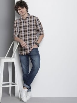 The Indian Garage Co - Men Regular Fit Checkered Full Sleeves Cutaway Collar Casual Shirt - Beige