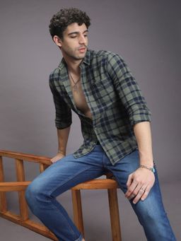 The Indian Garage Co - Men Slim Fit Checkered Full Sleeves Spread Collar Casual Shirt - Olive
