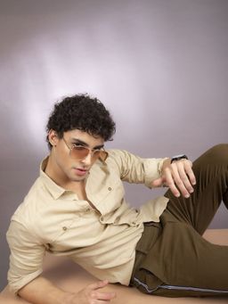 The Indian Garage Co - Men Slim Fit Solid Full Sleeves Cutaway Collar Casual Shirt - Beige