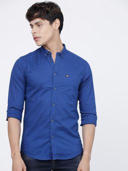 The Indian Garage Co - Men Slim Fit Solid Full Sleeves Cutaway Collar Casual Shirt - Blue