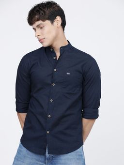 The Indian Garage Co - Men Slim Fit Solid Full Sleeves Mandarin Collar Casual Shirt - Navy Blue