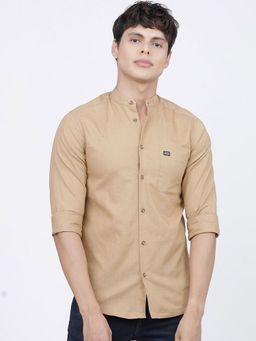 The Indian Garage Co - Men Slim Fit Solid Full Sleeves Mandarin Collar Casual Shirt - Khaki