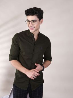 The Indian Garage Co - Men Slim Fit Solid Full Sleeves Mandarin Collar Casual Shirt - Olive