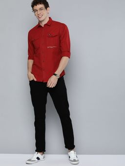 The Indian Garage Co - Men Slim Fit Solid Full Sleeves Cutaway Collar Street Wear Shirt - Red