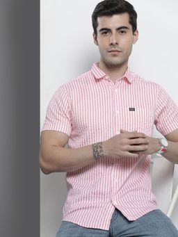 The Indian Garage Co - Men Slim Fit Striped Half Sleeves Spread Collar Casual Shirt - Pink