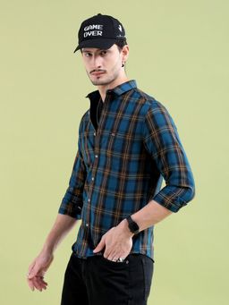 The Indian Garage Co - Men Regular Fit Checkered Full Sleeves Cutaway Collar Casual Shirt - Navy Blue