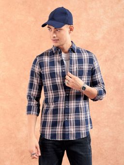 The Indian Garage Co - Men Regular Fit Checkered Full Sleeves Cutaway Collar Casual Shirt - Navy Blue