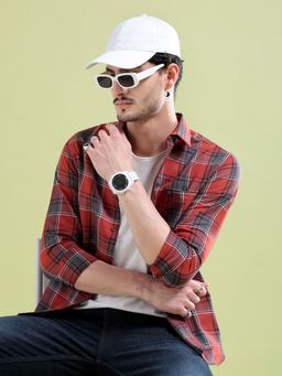 The Indian Garage Co - Men Regular Fit Checkered Full Sleeves Cutaway Collar Casual Shirt - Red