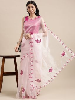 Vastranand - Pink Organza Party Wear Saree With Mirror Work Butta with Unstitched Blouse