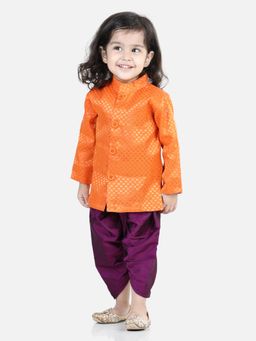 BownBee - Jacquard Full Sleeve Sherwani Dhoti for Boys - Orange (Set of 2)