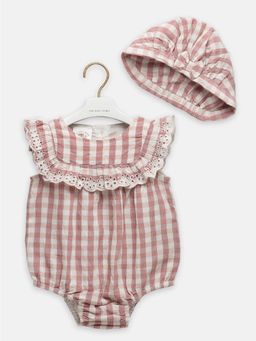 THE BABY TRUNK - Infant Girls Rust Check Romper with Cap (Set of 2)