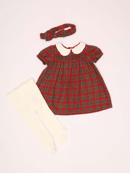 THE BABY TRUNK - Baby Girl Red Holiday Plaid Dress with Headband & Stockings (Set of 3)