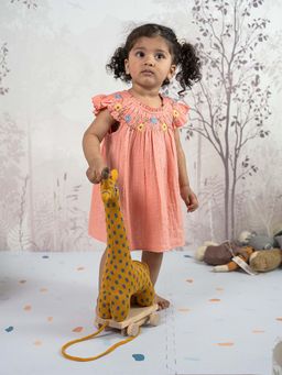 THE BABY TRUNK - Baby Girl Peach Embroidered Dress with Ruffle Bloomer (Set of 2)