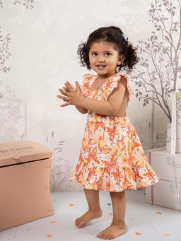 THE BABY TRUNK - Baby Girl Pinafore Orange Printed Corduroy Dress