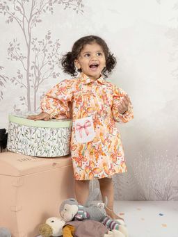 THE BABY TRUNK - Baby Girl Orange Printed Corduroy Shirt Dress