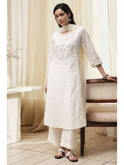 Biba - Women Off White Polyester Kurta with Palazzo and Dupatta (Set of 3)