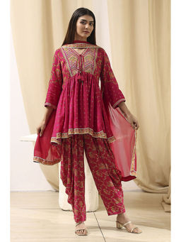 Biba - Women Fuchsia Pink Viscose Floral Printed Peplum Kurti with Salwar and Dupatta (Set of 3)