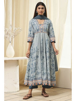 Biba - Women Dull Blue Cotton Floral Anarkali with Pant and Dupatta (Set of 3)