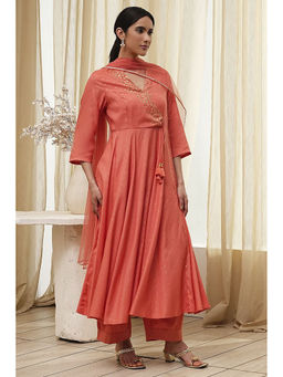 Biba - Women Peach Modal Blend Angarkha with Pant and Dupatta (Set of 3)