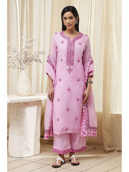 Biba - Women Light Pink Polyester Straight Kurta with Palazzo and Dupatta (Set of 3)