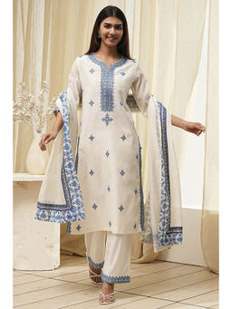 Biba - Women Off White Polyester Straight Kurta with Palazzo and Dupatta (Set of 3)