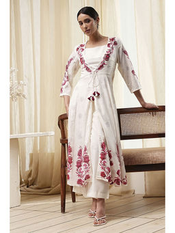 Biba - Women Off White Cotton Anarkali with Bustier and Palazzo (Set of 3)