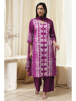 Biba - Women Berry Cotton Straight Kurta with Palazzo and Dupatta (Set of 3)