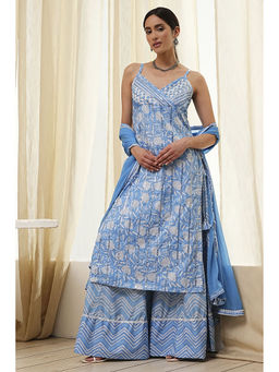 Biba - Women Blue Cotton Straight Kurta with Sharara and Dupatta (Set of 3)