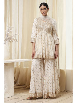 Biba - Women Ivory Viscose Straight Kurta with Sharara and Dupatta (Set of 3)