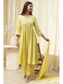 Biba - Women Yellow Modal Blend Kurta with Palazzo and Dupatta (Set of 3)