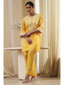 Biba - Women Yellow Cotton Embroidered Co-Ord (Set of 2)