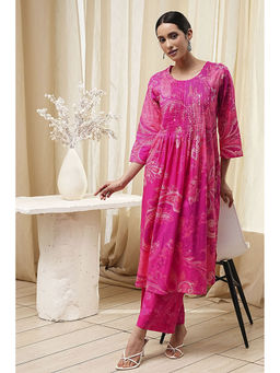 Biba - Women Pink Cotton A-Line Kurta with Palazzo (Set of 2)