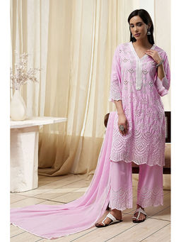 Biba - Women Pink Cotton Straight Kurta with Palazzo and Dupatta (Set of 3)