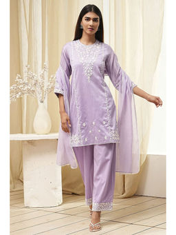 Biba - Women Lavender Cotton Silk Embroidered Kurta with Pant and Dupatta (Set of 3)