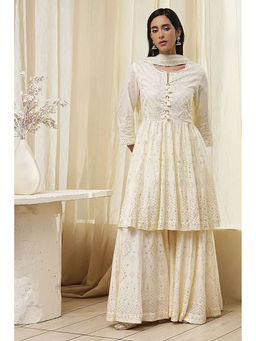 Biba - Women Off White Cotton Kalidar Kurta with Sharara and Dupatta (Set of 3)