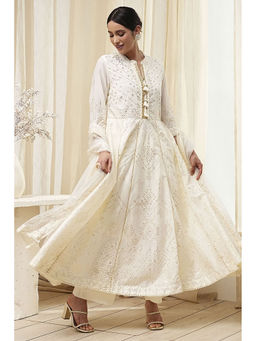 Biba - Women Off White Cotton Kalidar Anarkali with Palazzo and Dupatta (Set of 3)