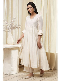 Biba - Women Off White Cotton Embroidered Anarkali with Palazzo and Dupatta (Set of 3)