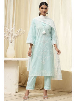 Biba - Women Aqua Cotton Printed Straight Kurta with Pant and Dupatta (Set of 3)