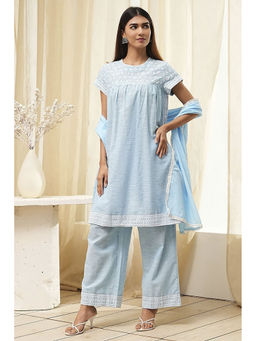 Biba - Women Light Blue Cotton Kurta with Palazzo and Dupatta (Set of 3)