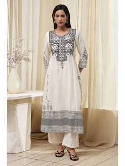 Biba - Women White Cotton Embroidered Kurta and Palazzo (Set of 2)