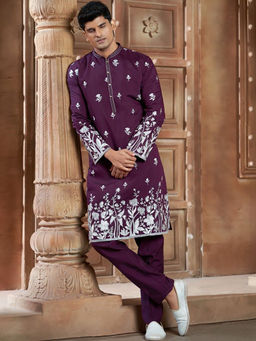 EKATVA ETHNIC - Wine Cotton Thread Embroidery and Motifs Kurta with Pyjama