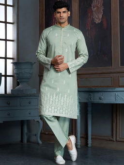EKATVA ETHNIC - Pista Green Cotton Thread Embroidery and Motifs