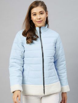 Carlton London - Women Casual Skyblue Mock Collar Solid Padded Jacket