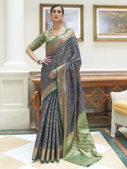 Akhilam - Womens Silk Blend Navy Blue Woven Design Handloom Saree with Unstitched Blouse