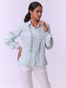 Not So Pink - Mint Blouson Sleeve Lace Detail Shirt