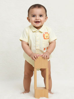 Polka Tots - Cotton Half Sleeve Lion Patch Shirt Bodysuit - Yellow