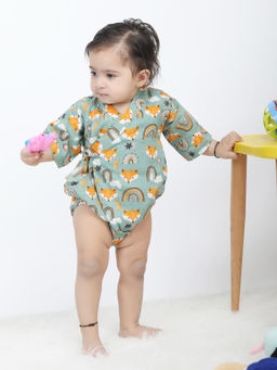 Polka Tots - Cotton Half Sleeve Fox Print Kimono Bodysuit - Green